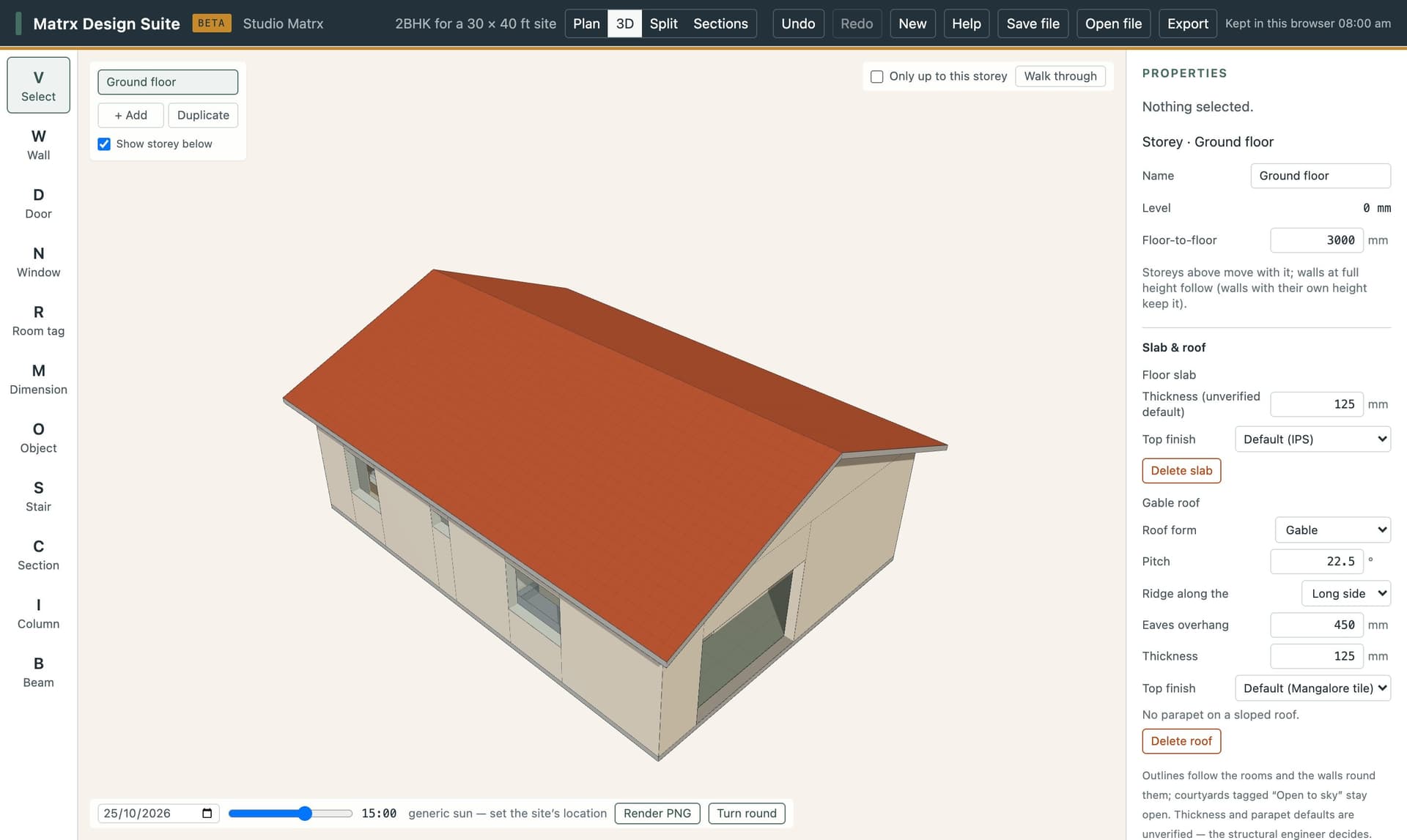 3D view of a 2BHK house with its gable roof in Mangalore tile, walls, windows and the open sit-out