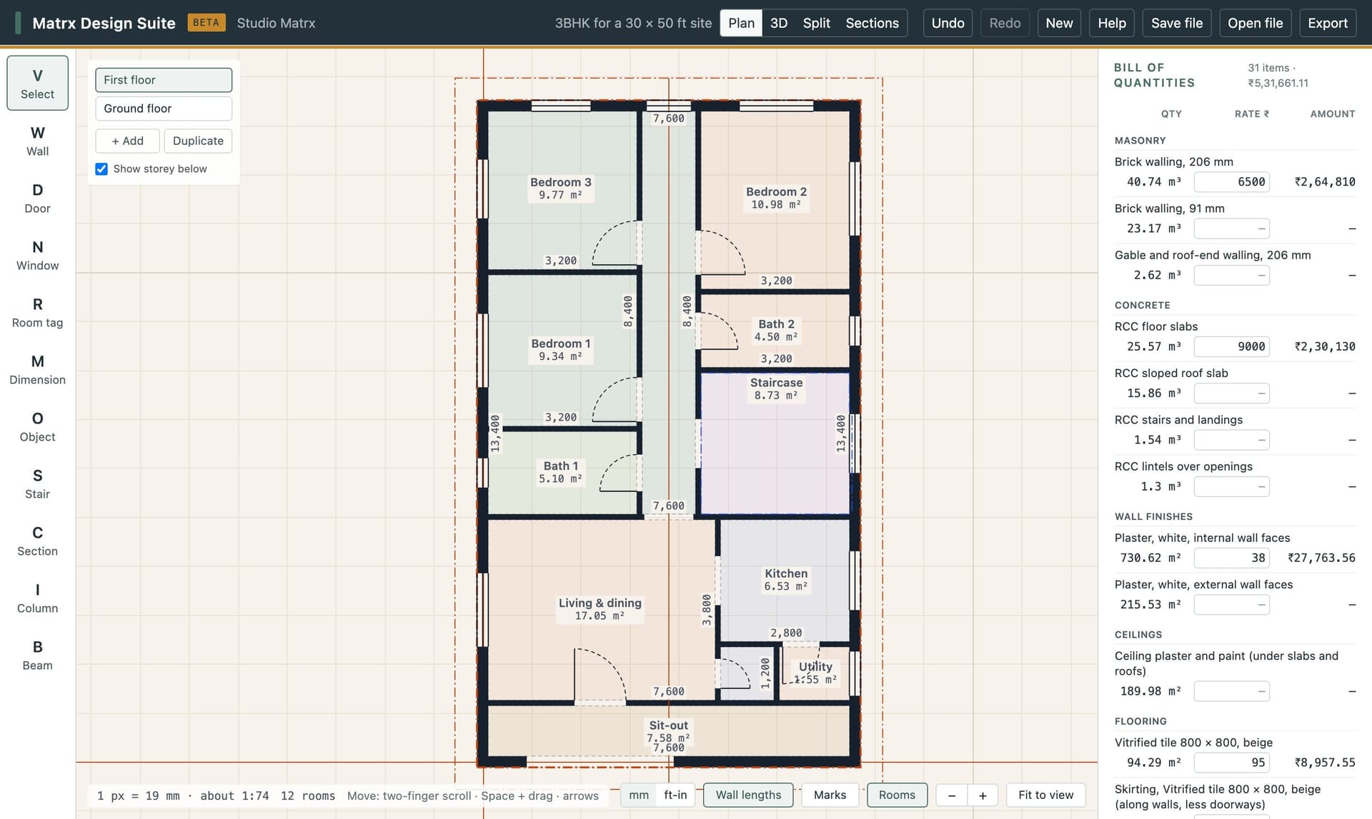 The bill of quantities beside a 3BHK plan: brickwork, concrete and plaster measured from the drawing, with rates typed in and amounts in rupees