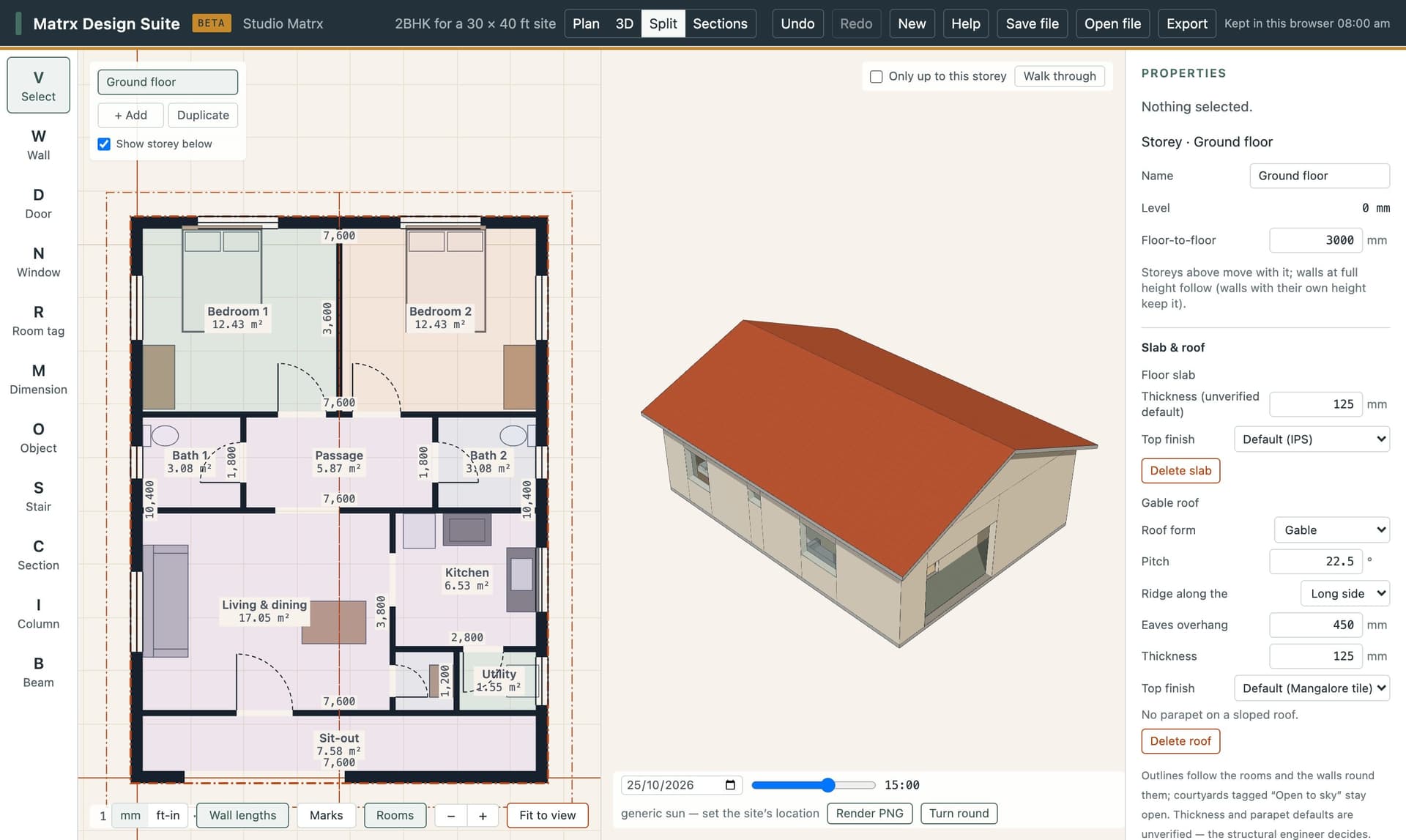Matrx Design Suite: a 2BHK floor plan with named rooms, doors, windows and furniture, beside its 3D model with a gable roof