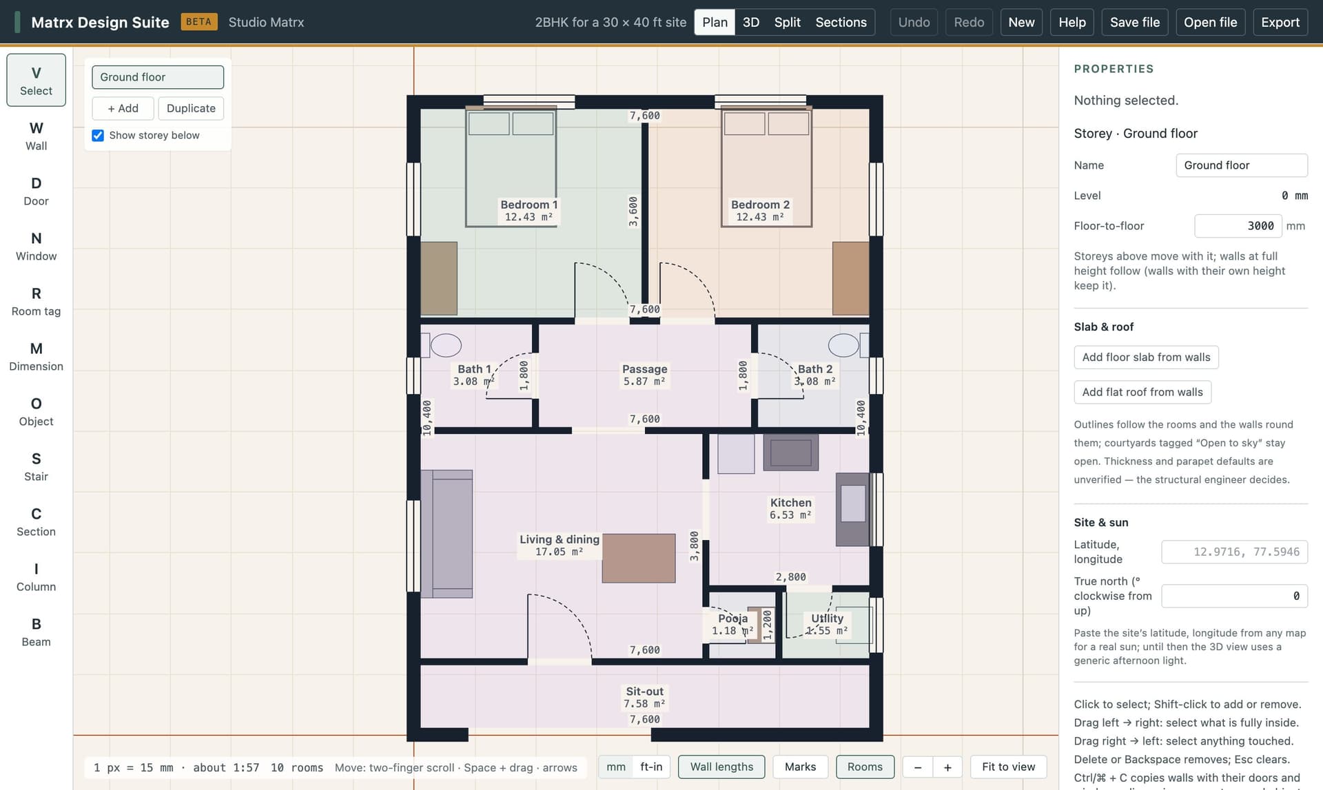 Floor plan of a 2BHK house with each room named and its carpet area shown in square metres