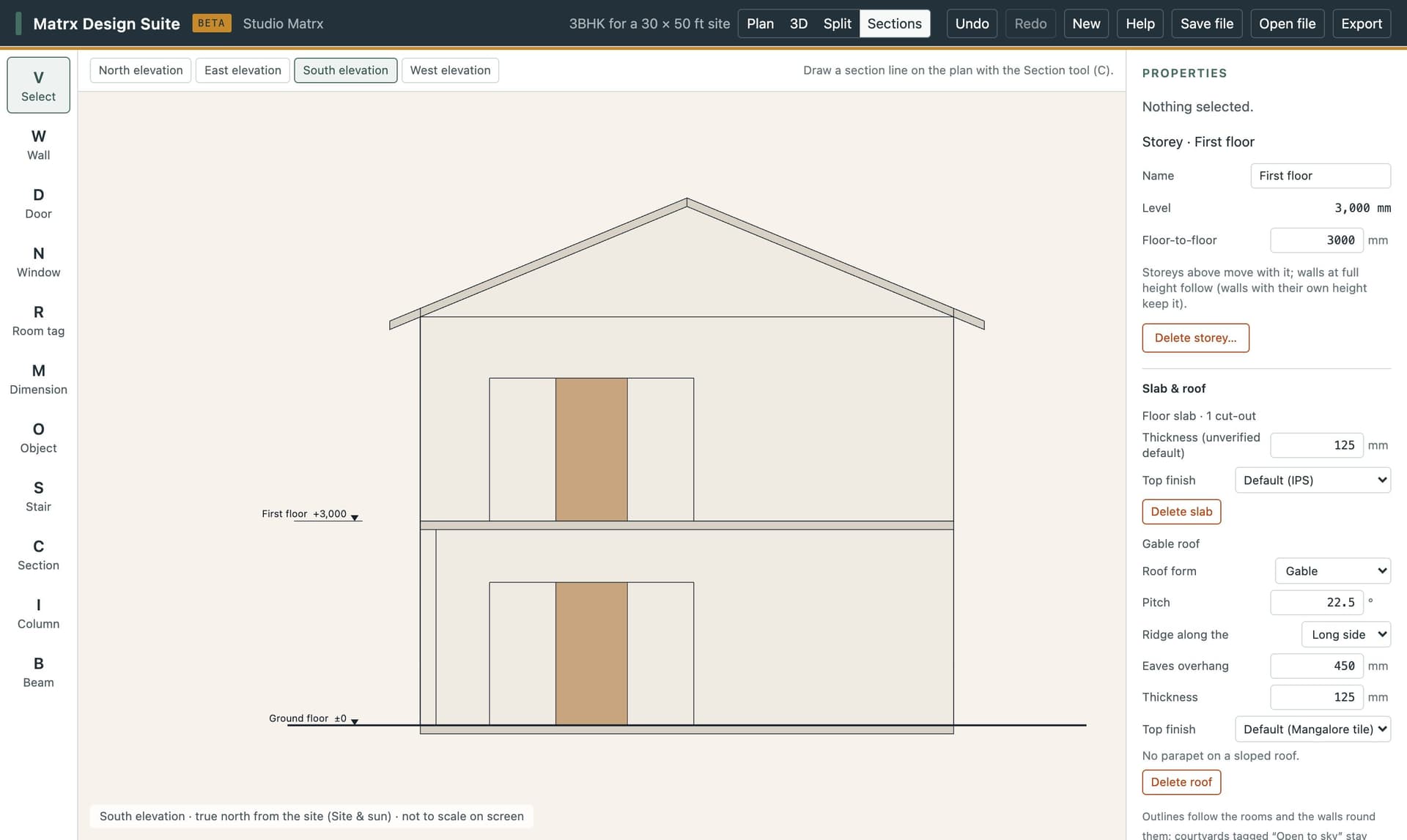South elevation of a two-storey house with a gable roof, its floor levels marked on the left