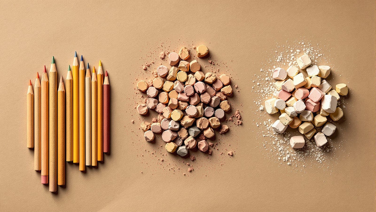 Three separate groups of dry media on kraft paper: slim coloured pencils, a pile of crumbling colour chunks, and a pile of pale pastel pieces trailing pigment dust