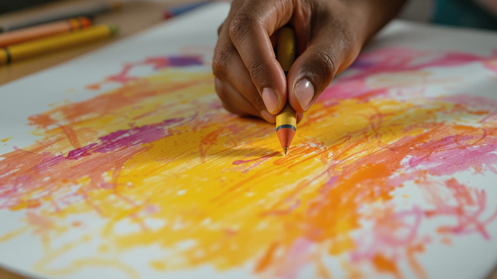 An Indian student's hand blocking in a large area of colour with a crayon, working fast, the drawing still crude