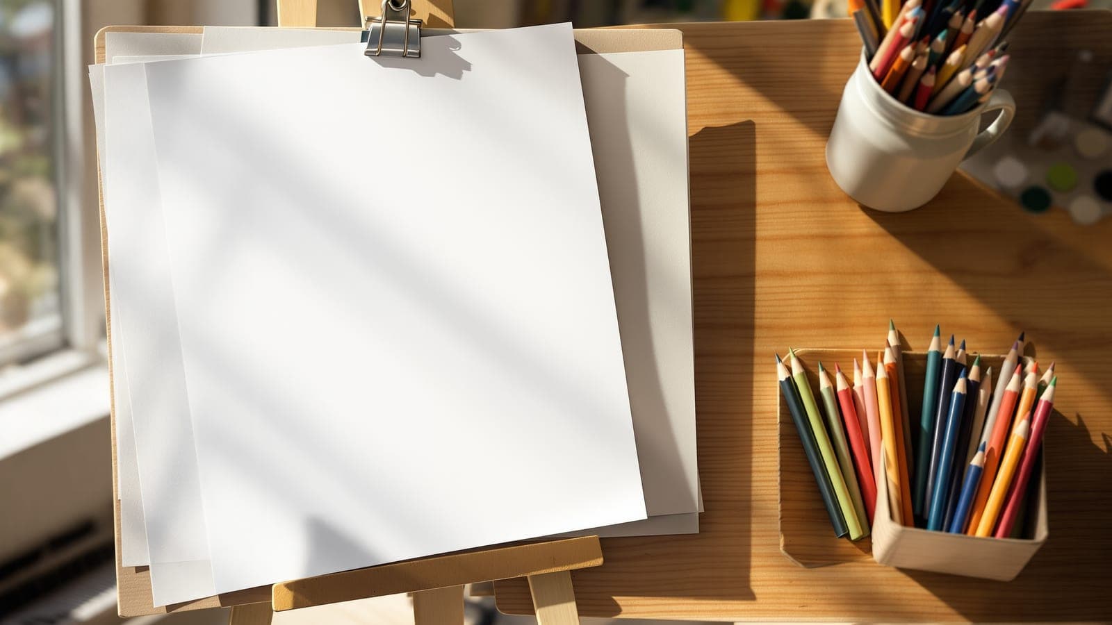 A blank sheet of drawing paper on a wooden board beside a small tin of colour pencils, waiting, in warm daylight