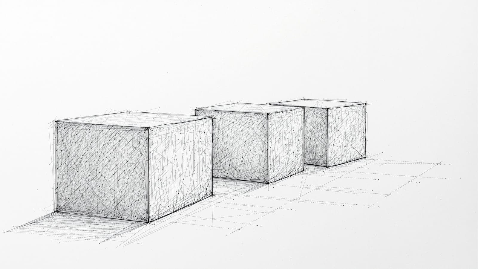 A freehand pencil drawing of three cubes receding into the distance, the nearest drawn with heavier darker lines than the faint furthest one