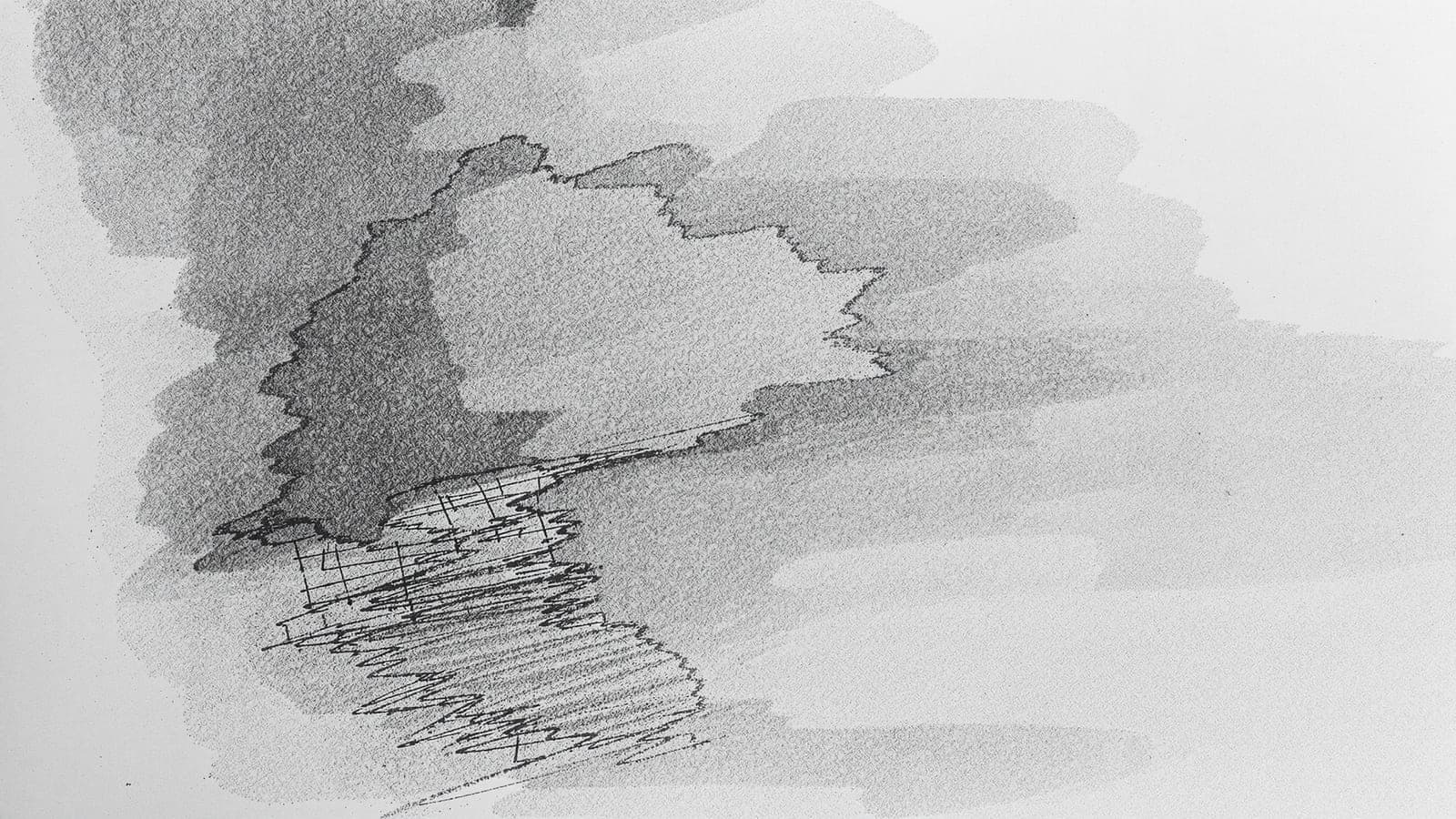 A half-finished pencil drawing, its large masses blocked in crudely and one small area worked in detail
