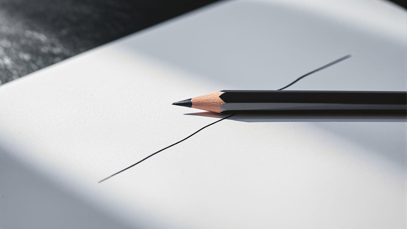 A graphite pencil resting on a sheet of white paper carrying a single confident line, no colour anywhere