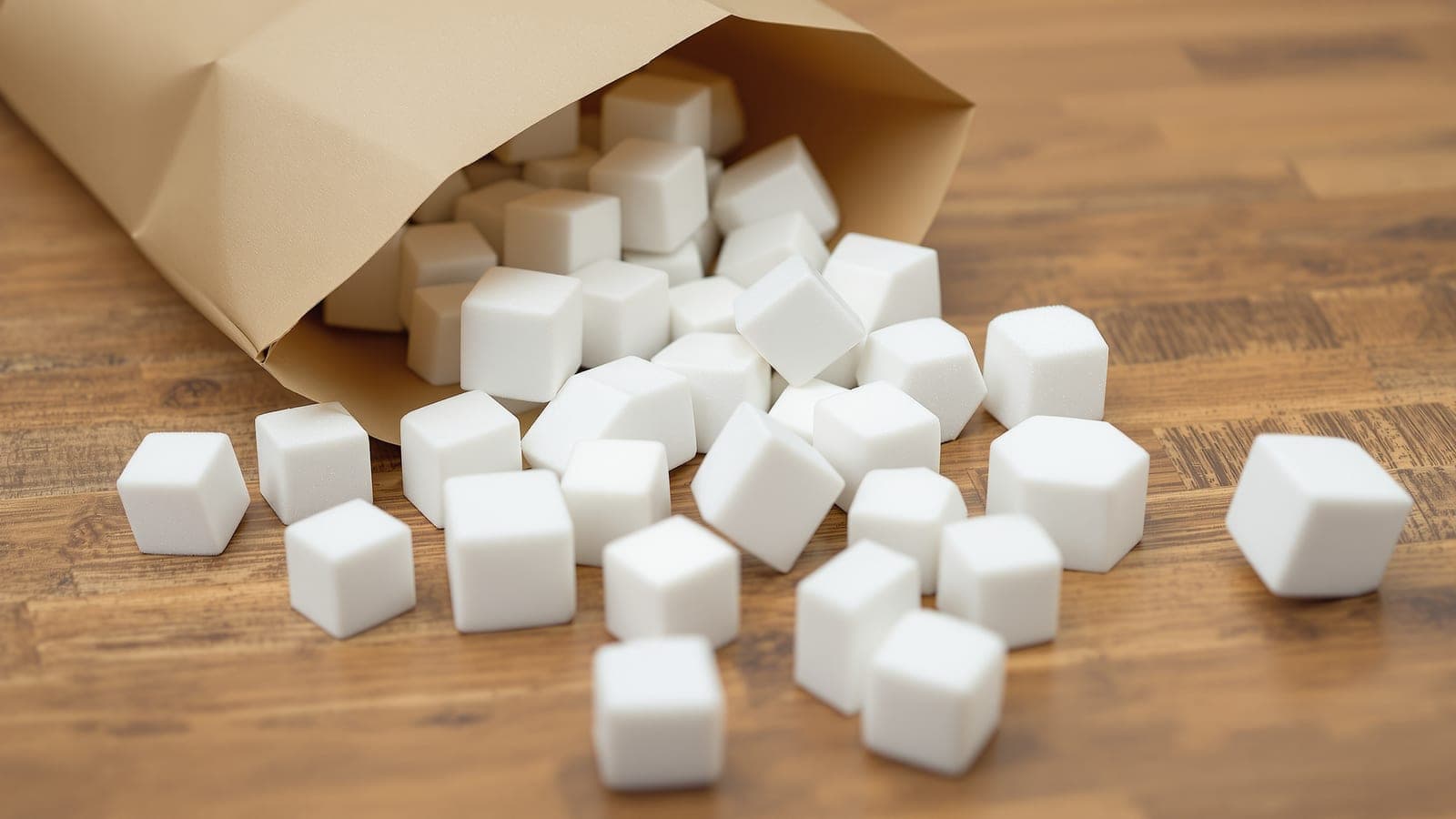 A pile of plain white foam blocks spilled from a paper bag across a wooden desk, unassembled and waiting