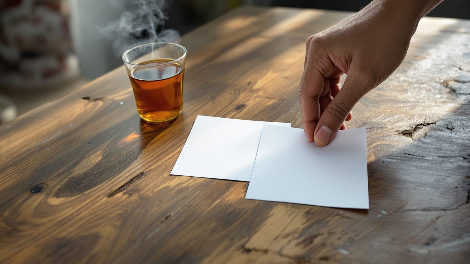 A hand hovering above two identical blank slips of paper on a wooden desk, about to pick one, a glass of chai steaming nearby