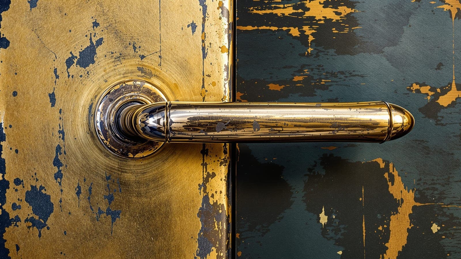 An old brass door handle with one side polished mirror-bright by decades of hands while the rest stays dark with tarnish, the wear showing exactly where every hand gripped