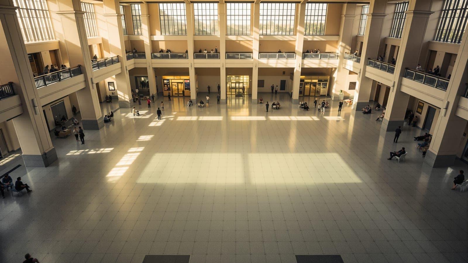 A sunlit public hall seen from above, its wide central floor empty while people gather along the walls, columns and window ledges around the perimeter