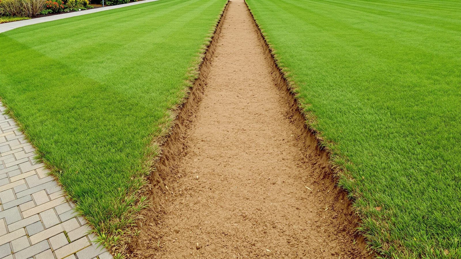 A bare earth track worn straight across a green lawn down to the soil by thousands of feet, with the paved path sitting ignored at the edge