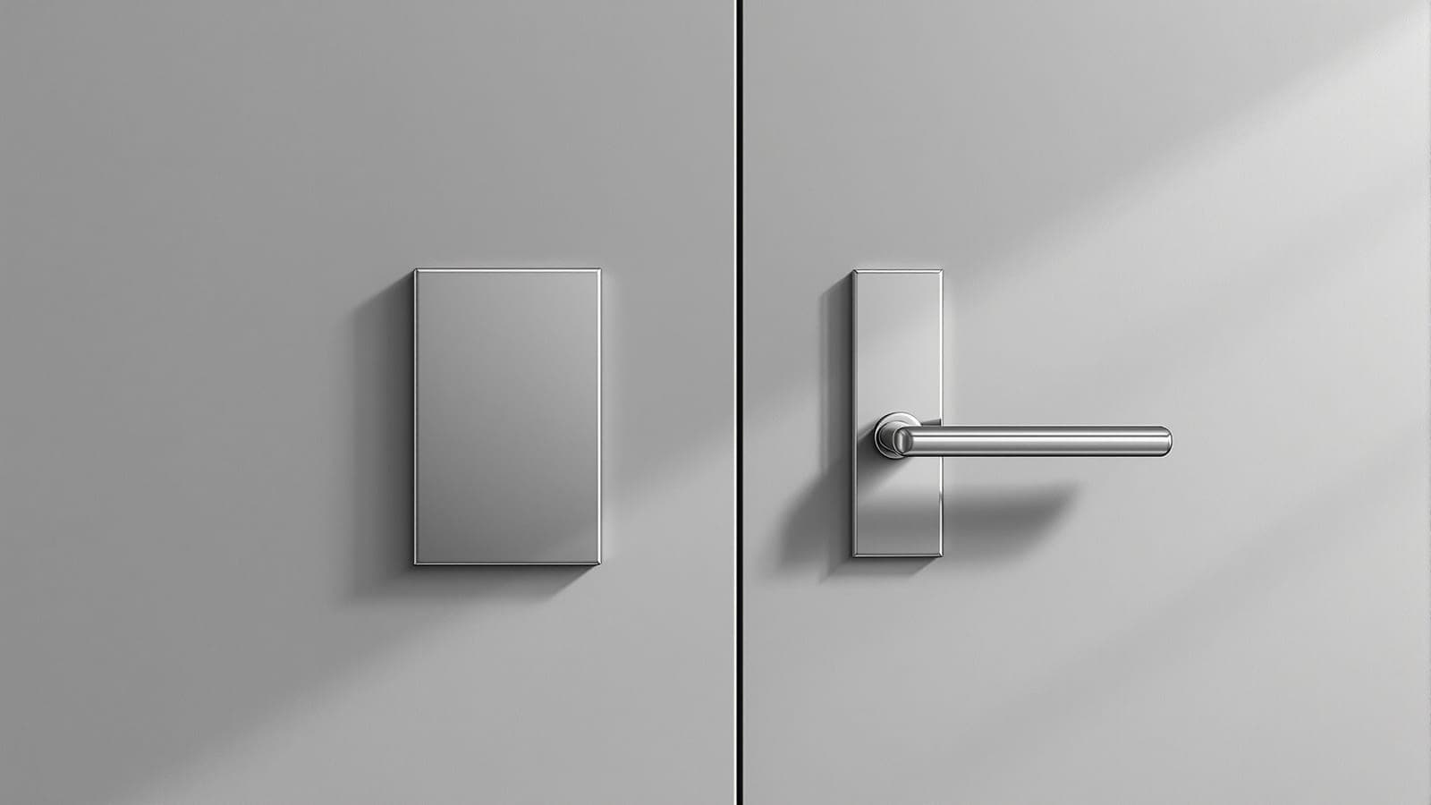 A flat metal push plate on one door beside a graspable lever handle on another, the two shapes inviting opposite actions with no label anywhere
