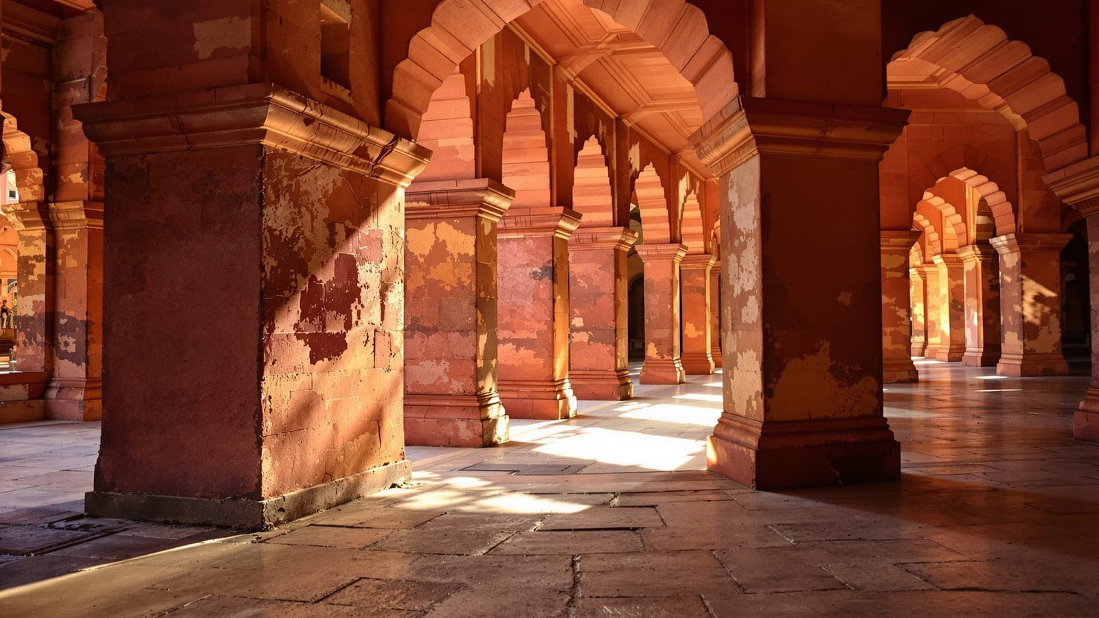 A deep receding arcade of red sandstone piers and cusped arches in a historic Indian building, warm afternoon light washing the columns and falling in bright patches across the worn stone floor