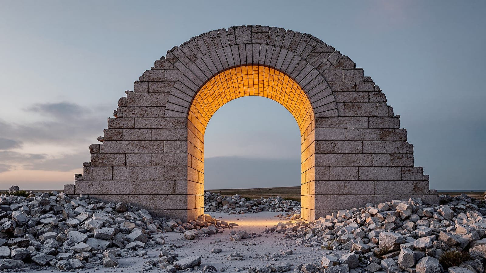A semicircular stone arch of wedge-shaped blocks standing intact above a wide field of fallen rubble, the ragged wall around it collapsed while the arch alone held, evening sky showing through the opening
