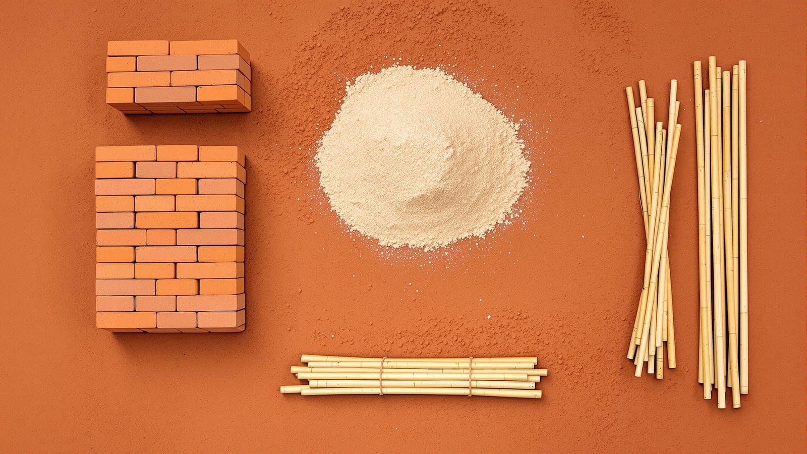 Raw building materials seen from directly above on bare red earth: two stacks of red clay bricks, a heap of pale sand and bundles of cut bamboo poles, nothing yet built