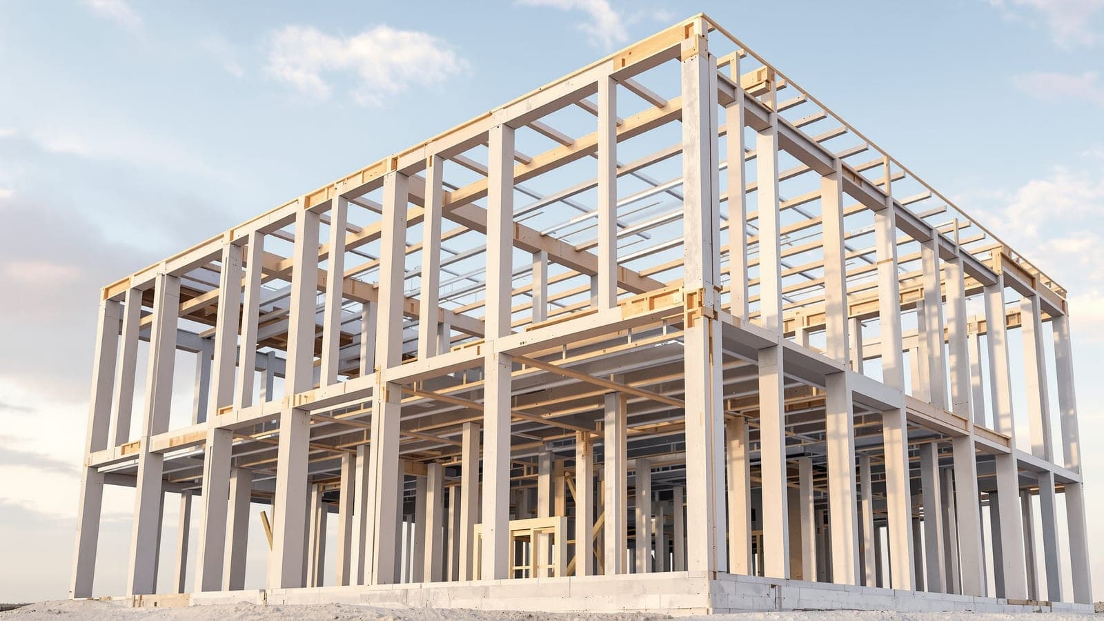 A building under construction with its bare structural frame exposed against the sky, its logic legible before any cladding covers it