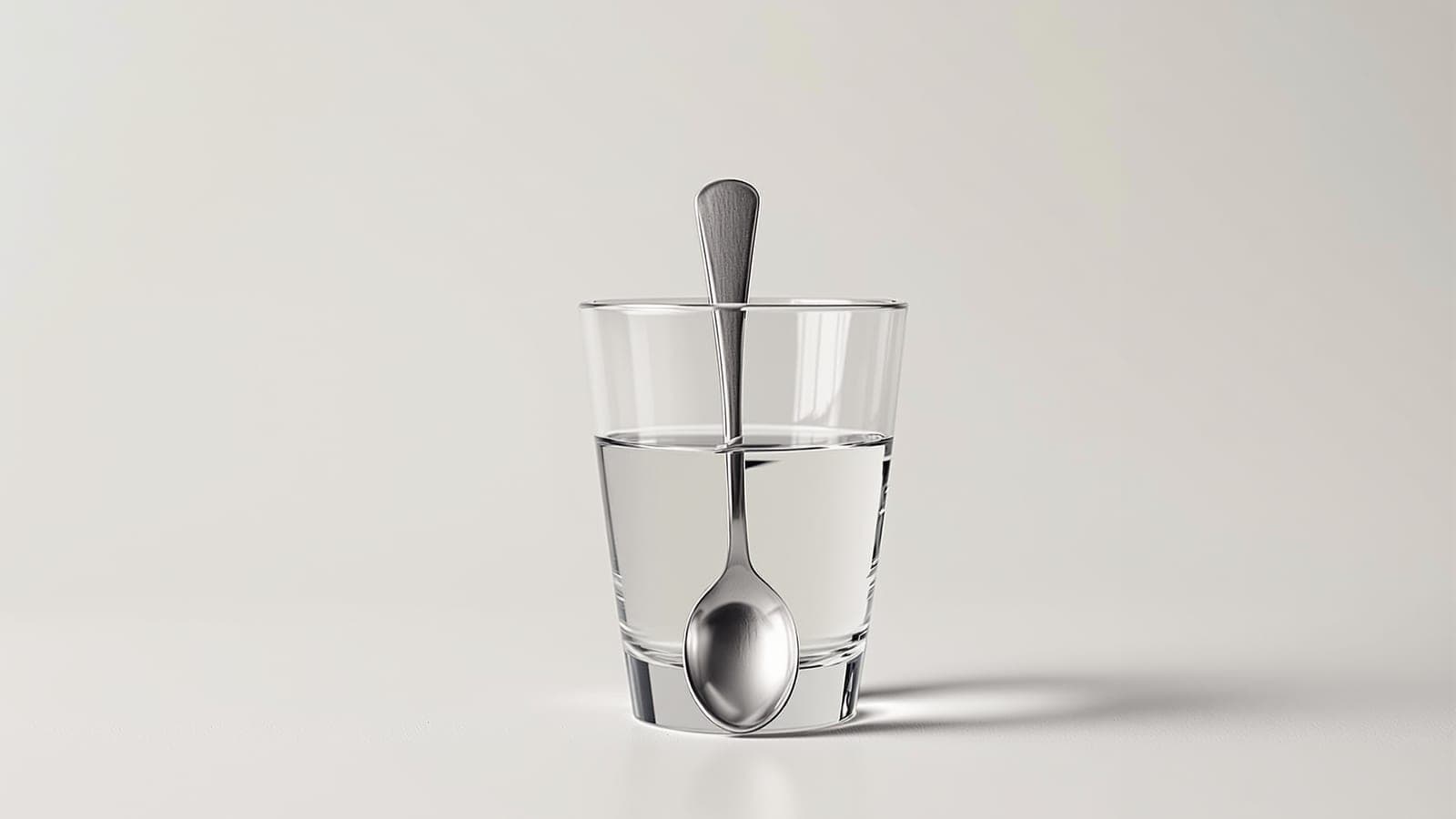 A metal spoon standing in a glass of water, appearing sharply broken at the waterline where the light refracts