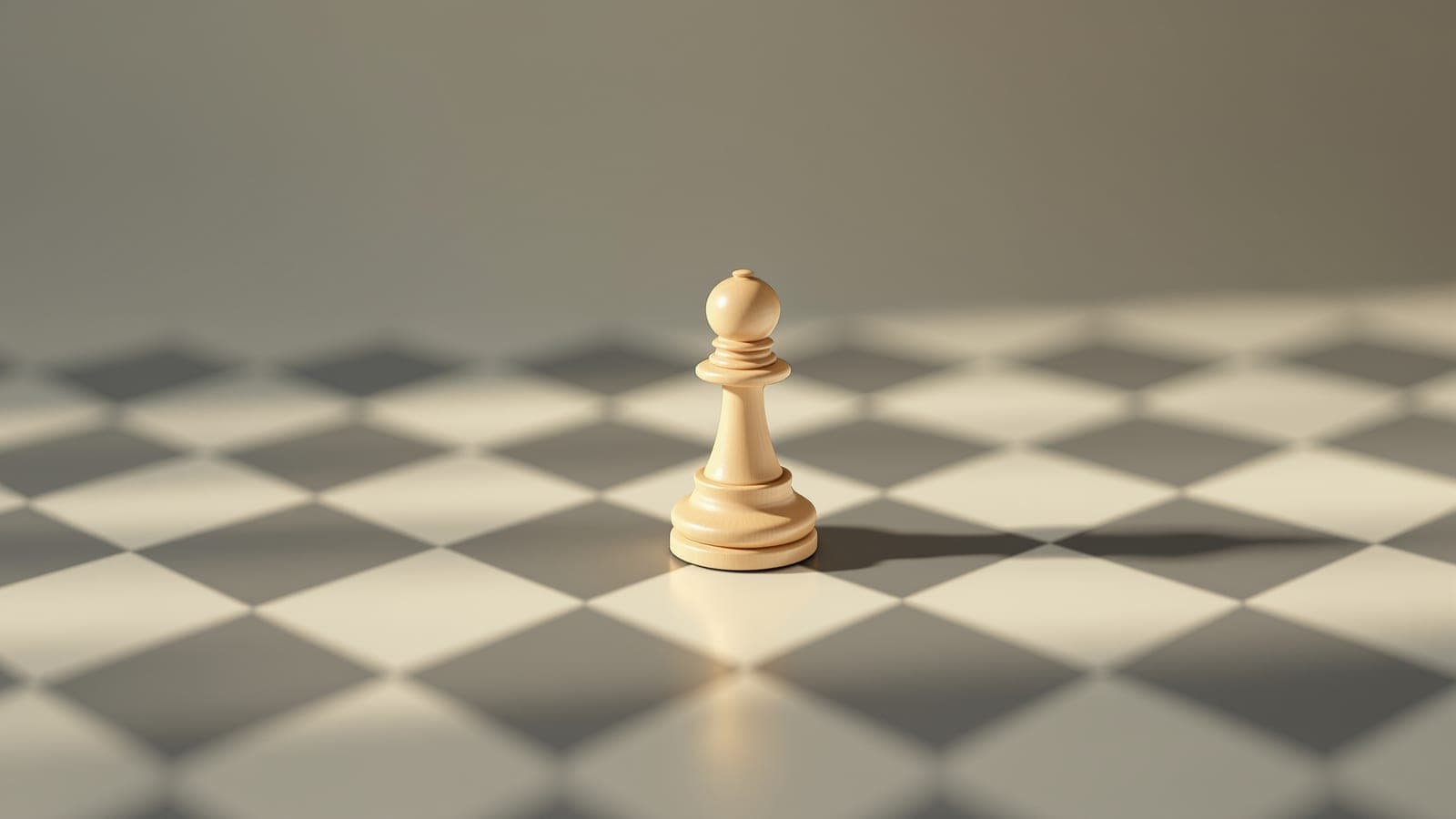 A single chess piece standing alone on an otherwise empty board, casting one long shadow — meaningless without the pieces that would surround it