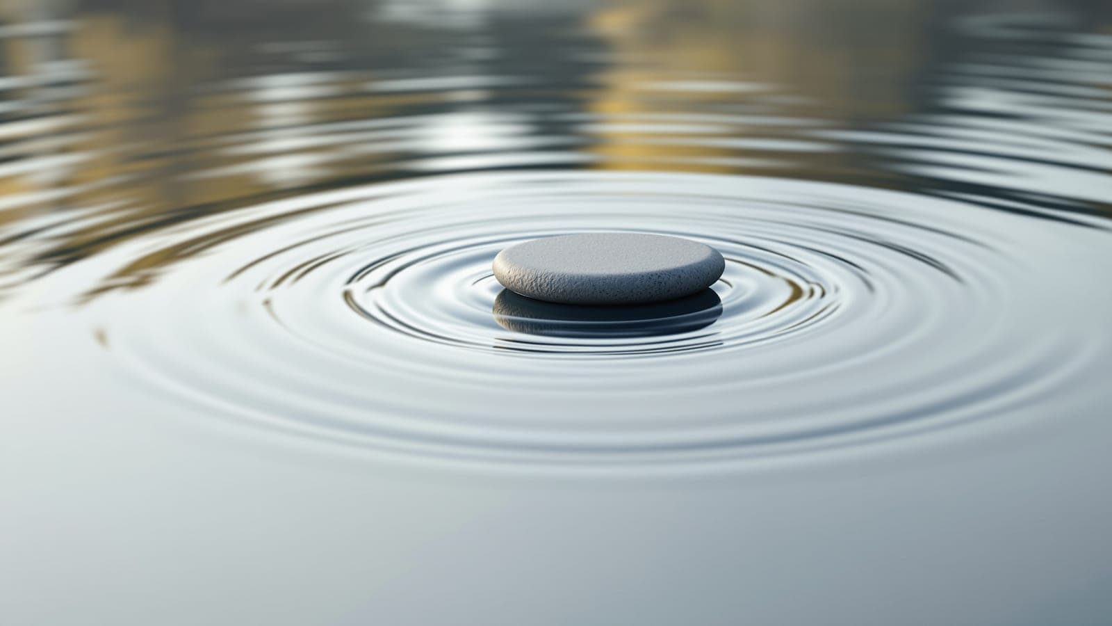 A flat stone resting at the centre of expanding ripple rings on still water, barely breaking the surface