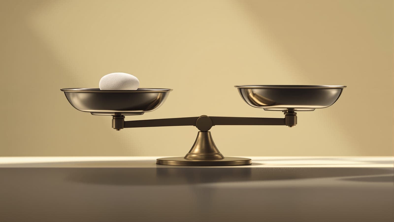 A two-pan balance scale with a single stone in one pan and the other raised, judged by eye with no gradations or dial