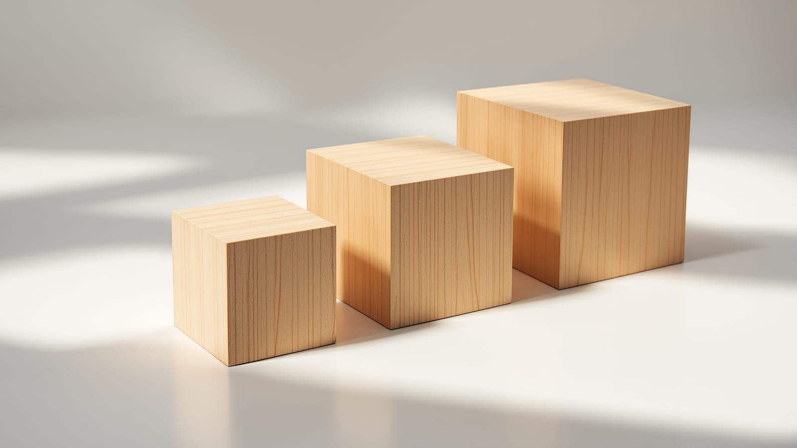 Three plain wooden cubes of doubling size in a row under strong directional light, their shadows lengthening with them
