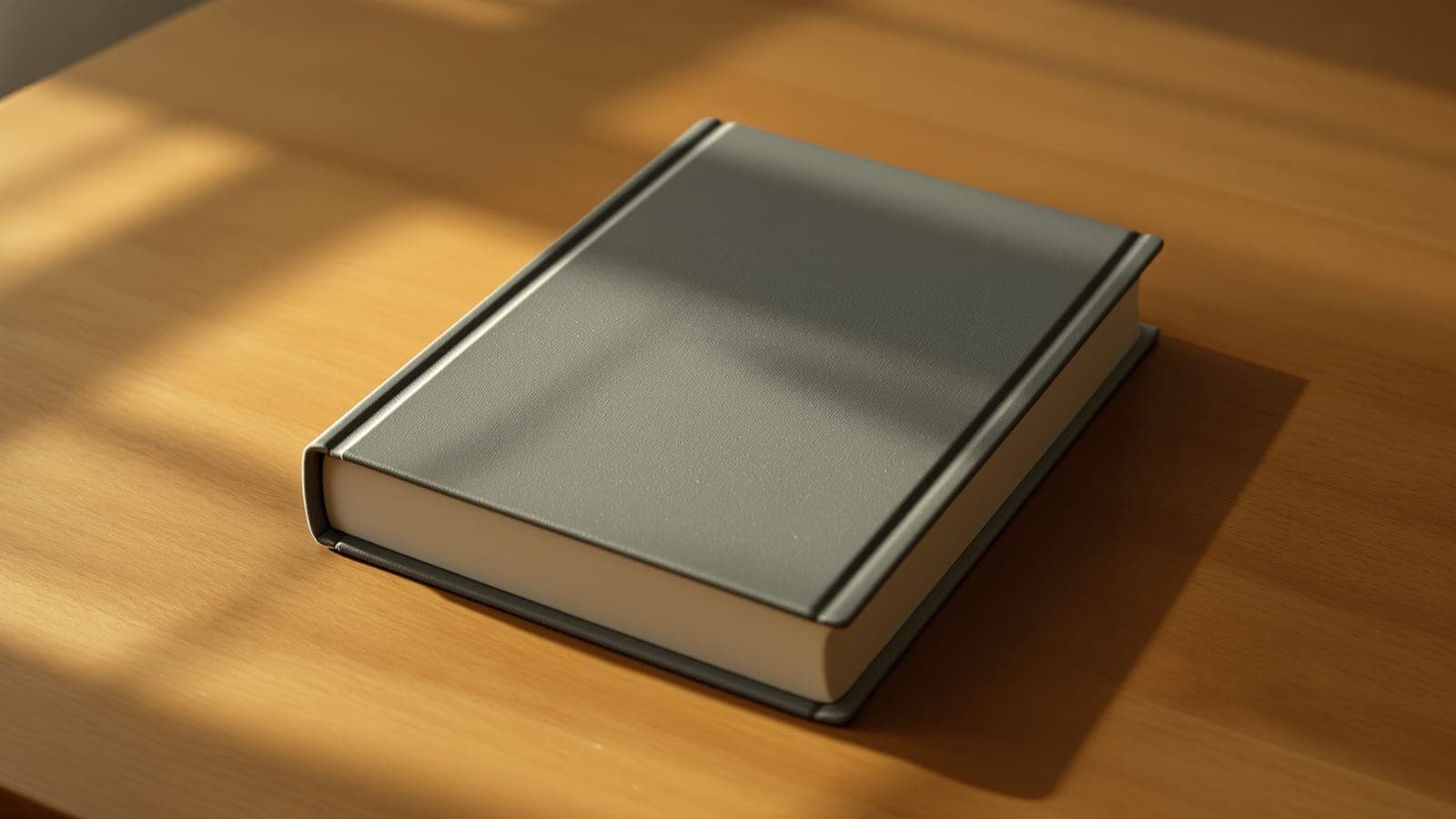 A closed hardback book lying shut and dusty on a bare wooden desk, pushed aside and deliberately unopened