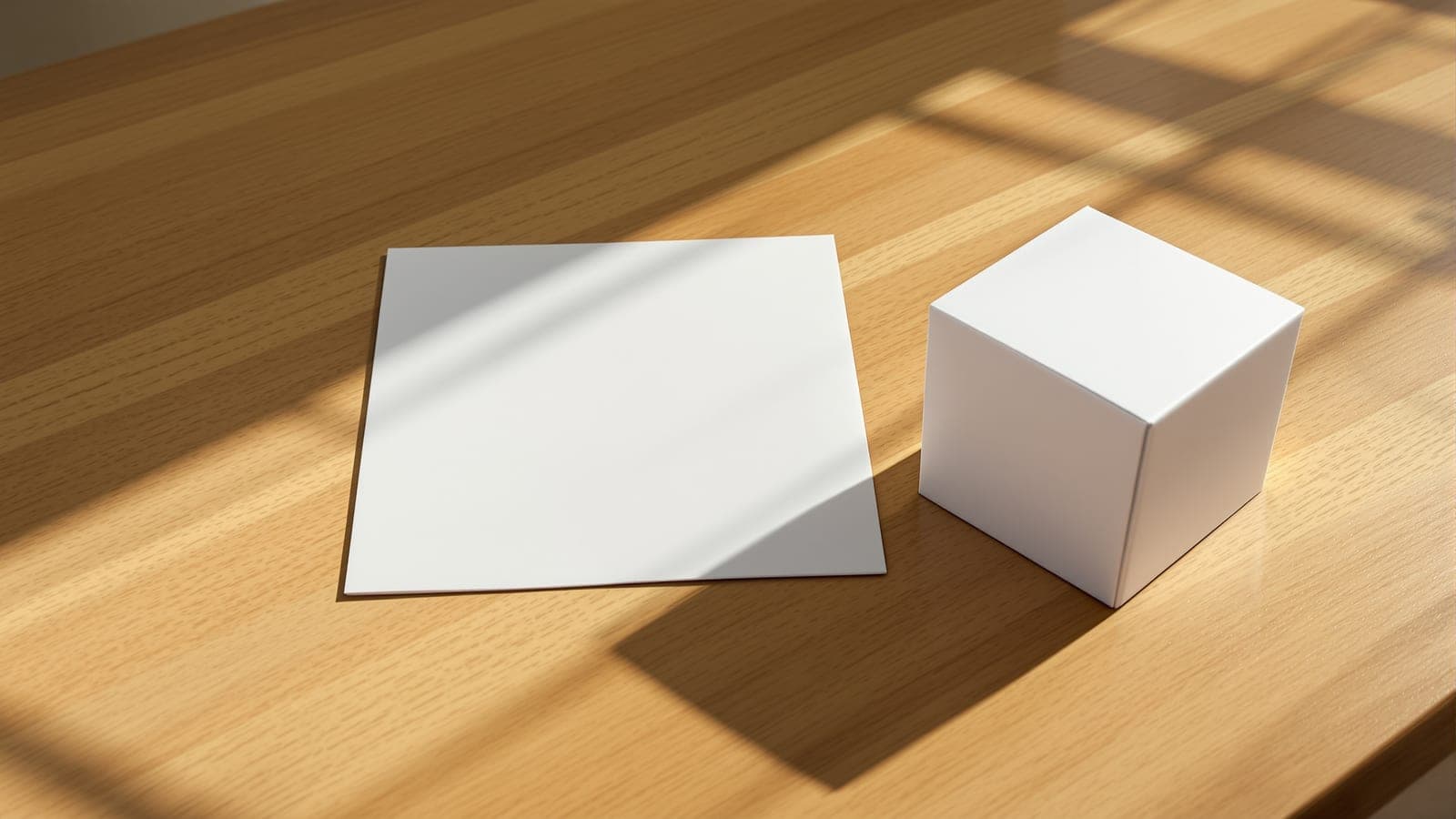 A flat sheet of white paper lying on a sunlit desk beside a folded paper cube, the flat and the solid side by side