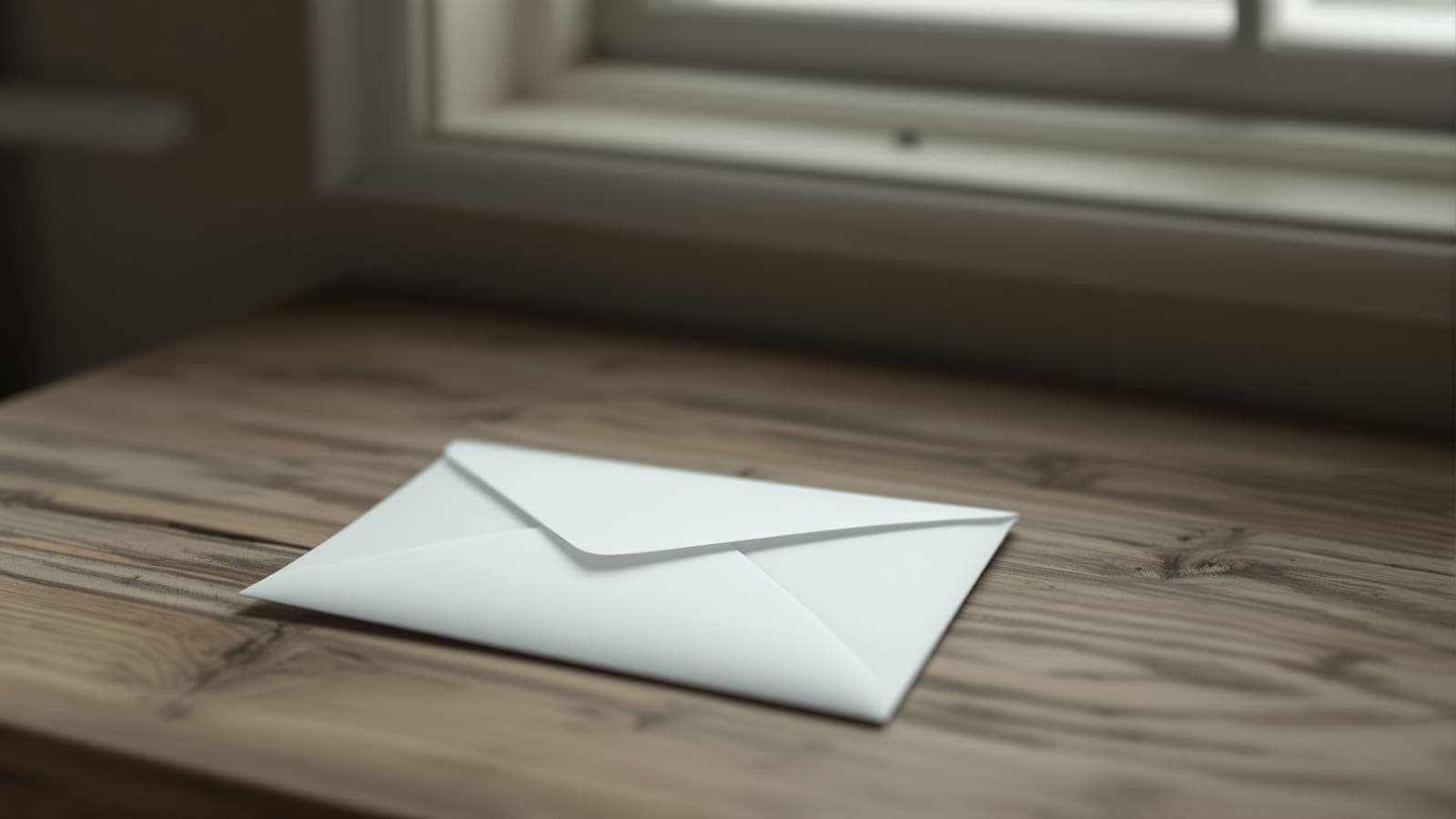 A single sealed envelope resting on a wooden table in soft window light, unopened
