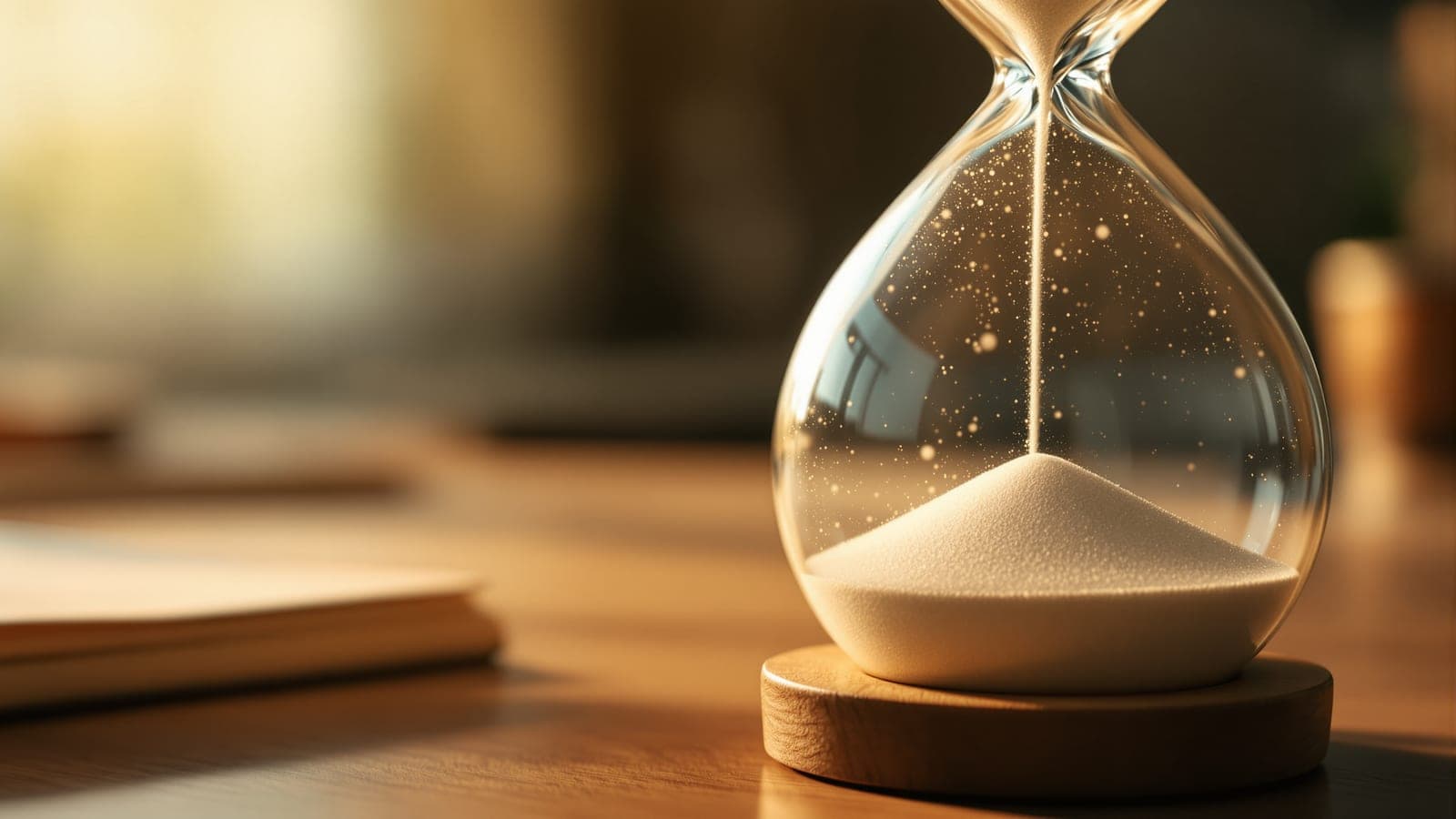 An hourglass mid-flow on a wooden desk, sand streaming through the narrow waist onto a growing cone in the lower bulb