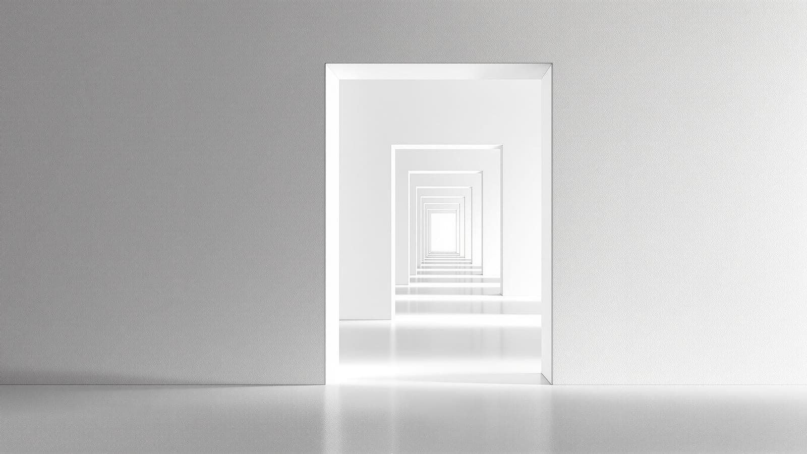 A receding line of plain rectangular openings cut through bare walls, each framing the next, with bright daylight at the far end