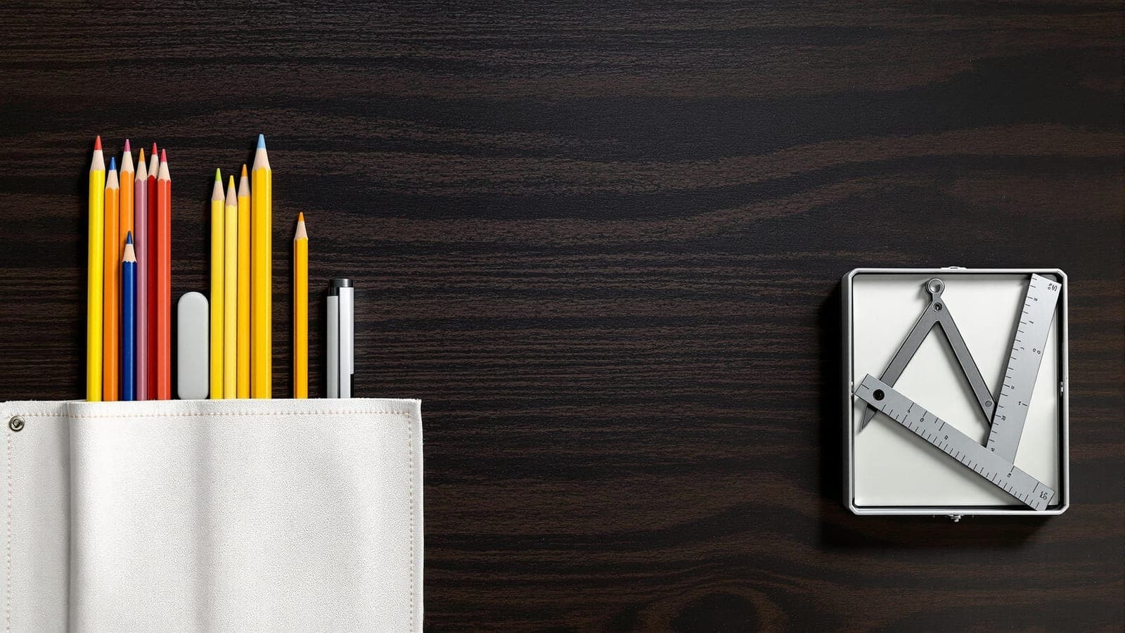 An open canvas pencil roll holding pencils, a pen and an eraser on the left of a dark desk, and far across an empty gap, isolated in shadow, a geometry box with a compass and set square set aside