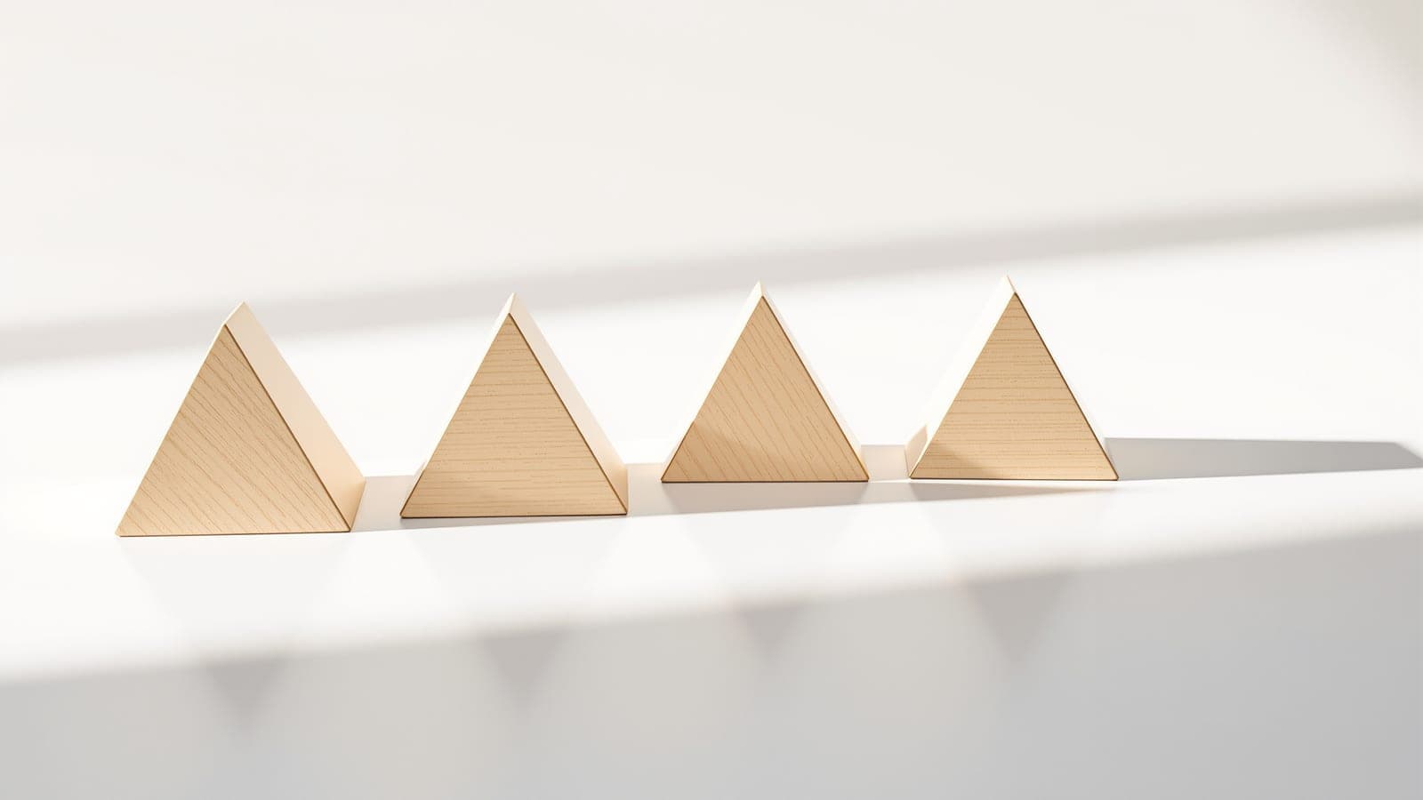 A row of plain wooden pyramids, each rotated slightly further than the last, with an empty gap at the end where the next would stand