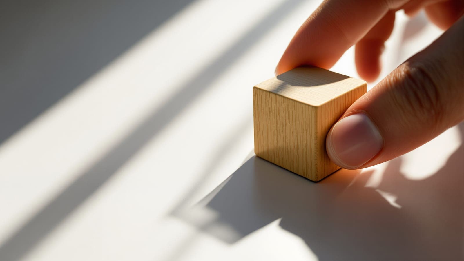 A single wooden block held between finger and thumb, turned in raking light, its shadow rotating with it