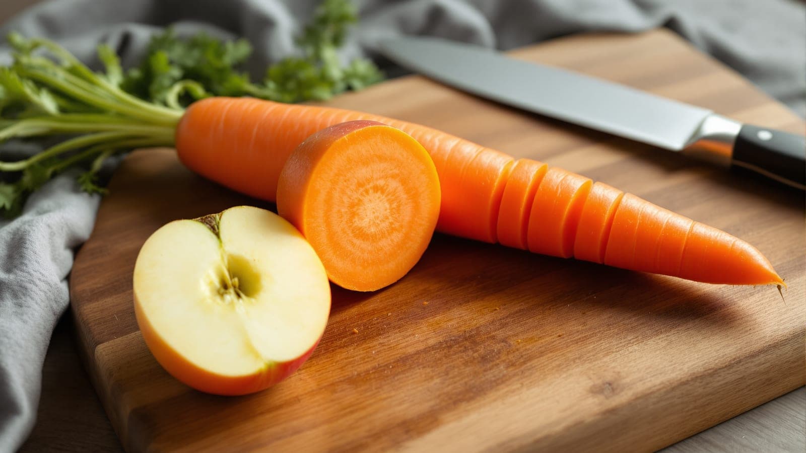 A carrot sliced clean through beside an apple cut in half on a wooden board, both exposed faces showing round cross-sections
