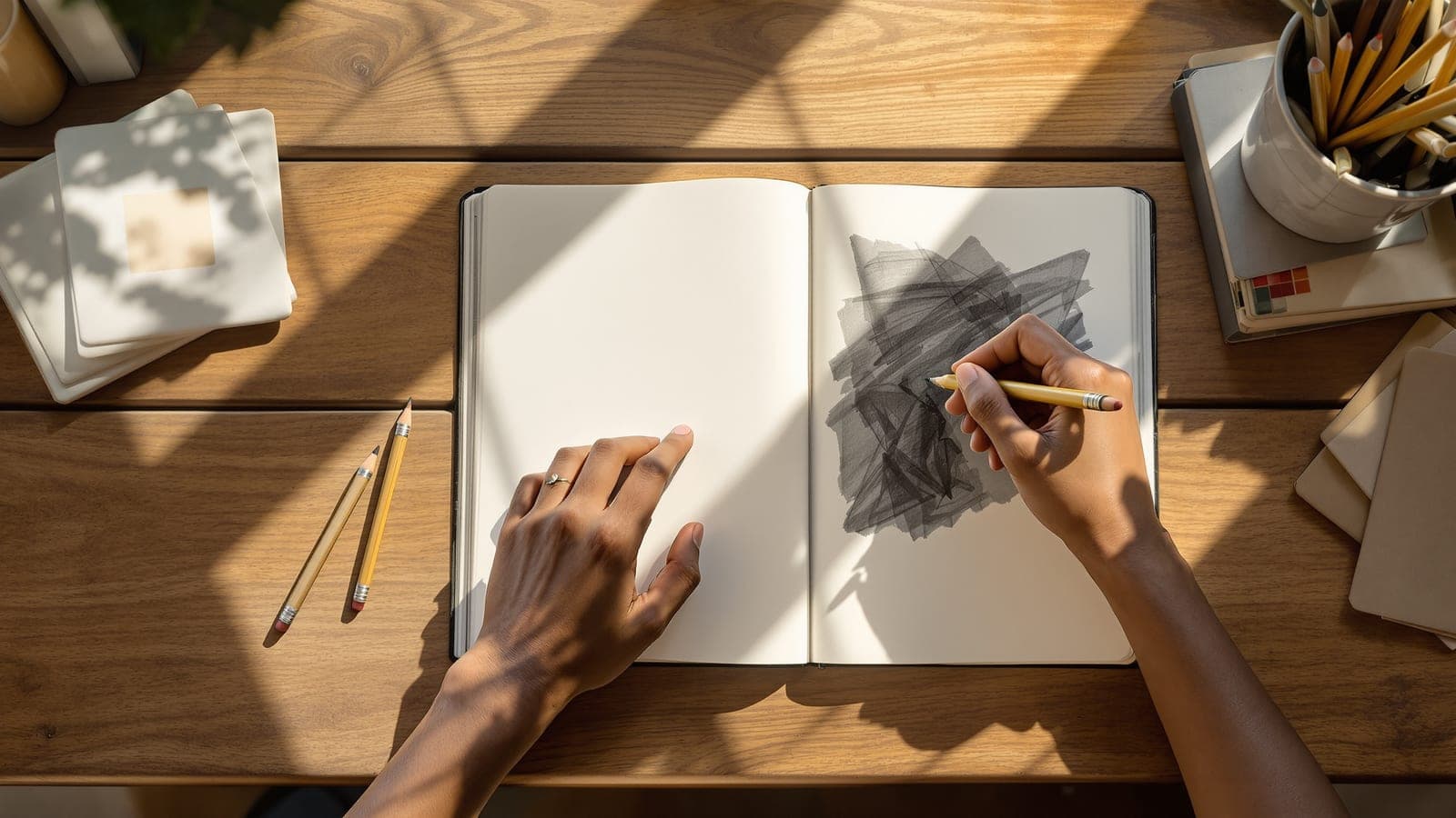 An Indian student's hands sketching in a well-used sketchbook at a sunlit desk, surrounded by earlier drawings rather than textbooks