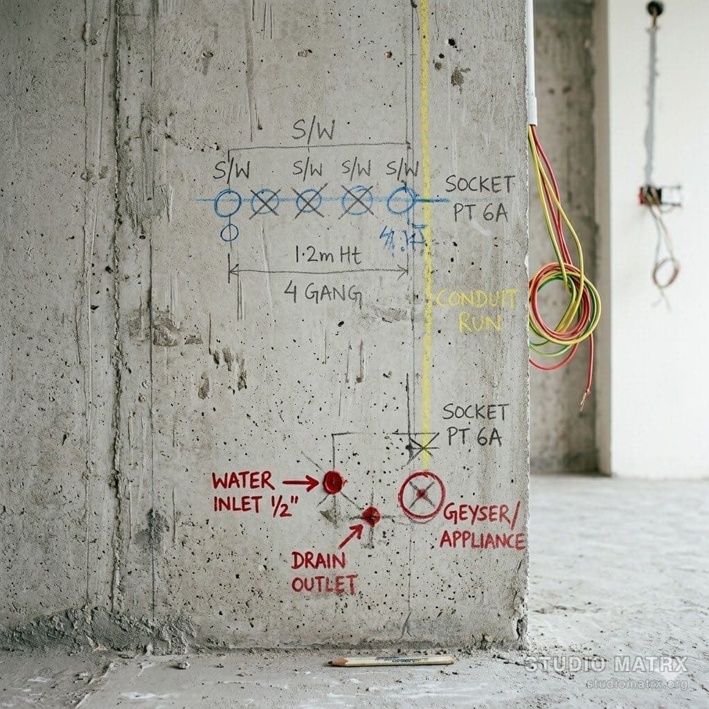 Electrical and plumbing markup on apartment wall