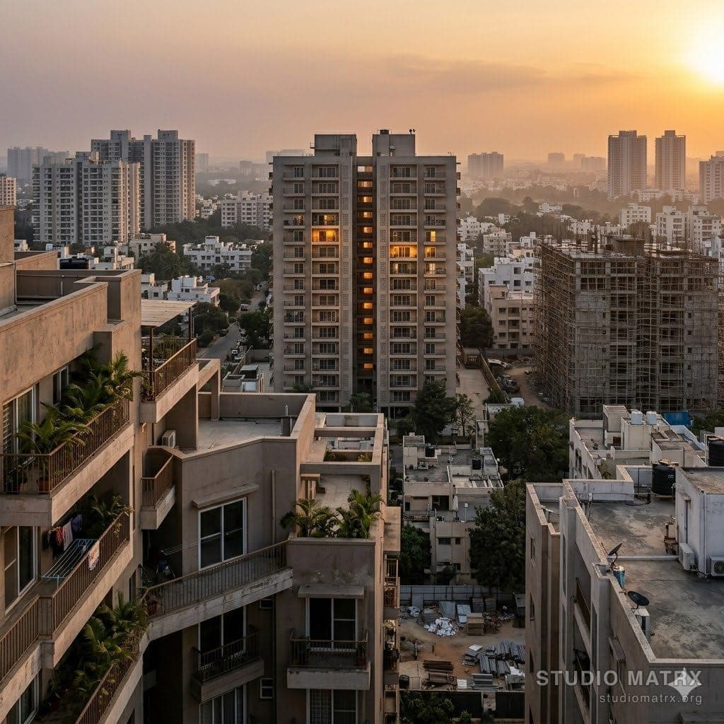 Indian apartment skyline at dusk