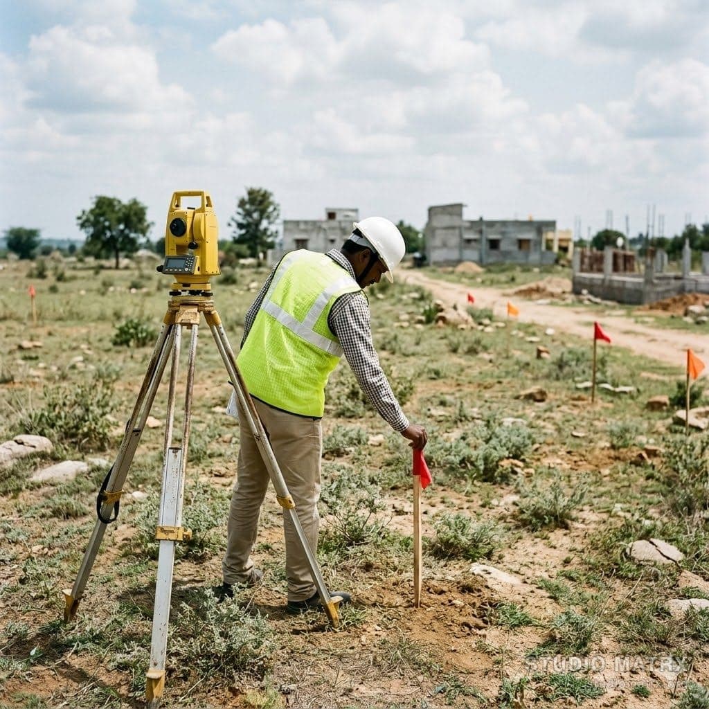 Surveyor with total station on plot
