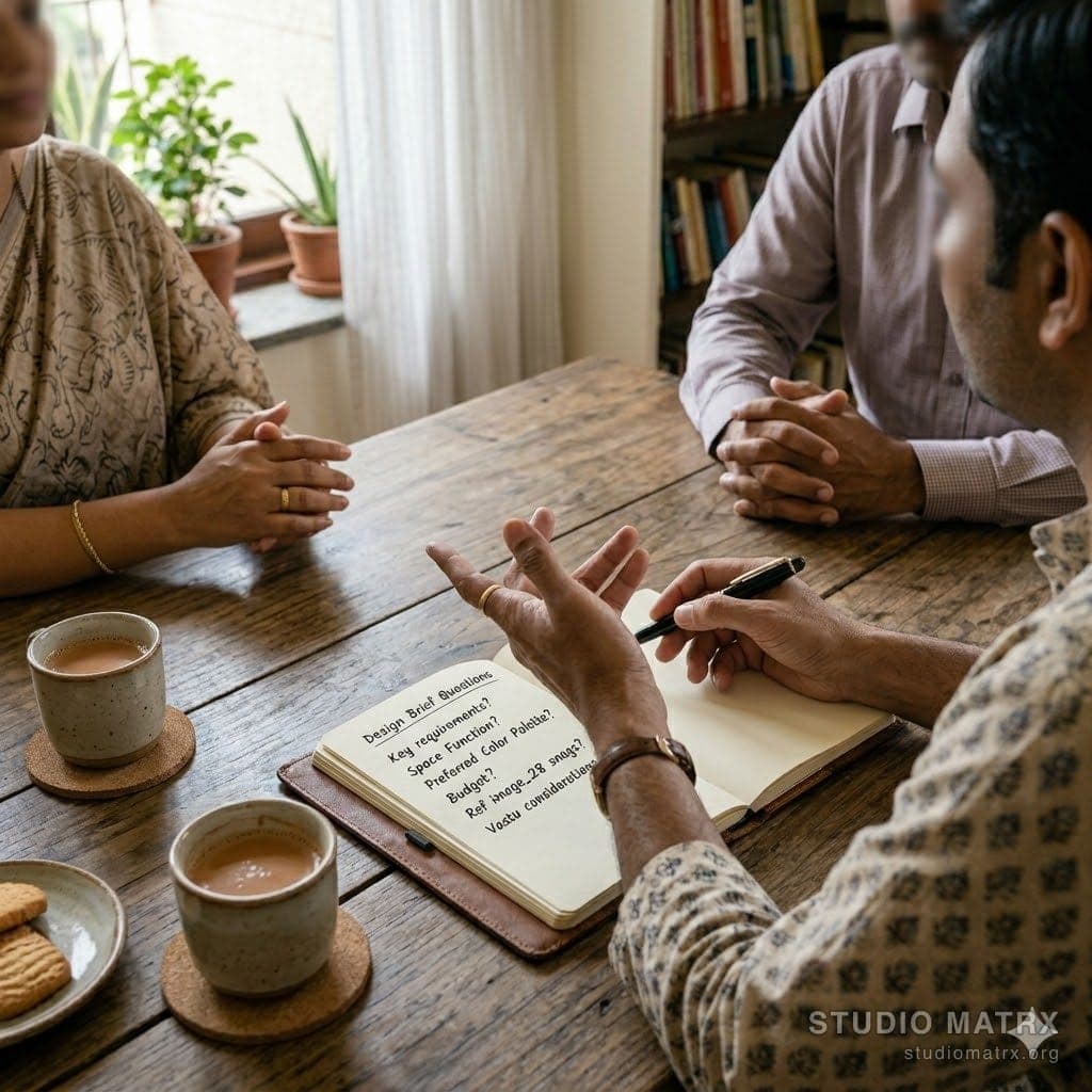 Designer interviewing Indian homeowner family