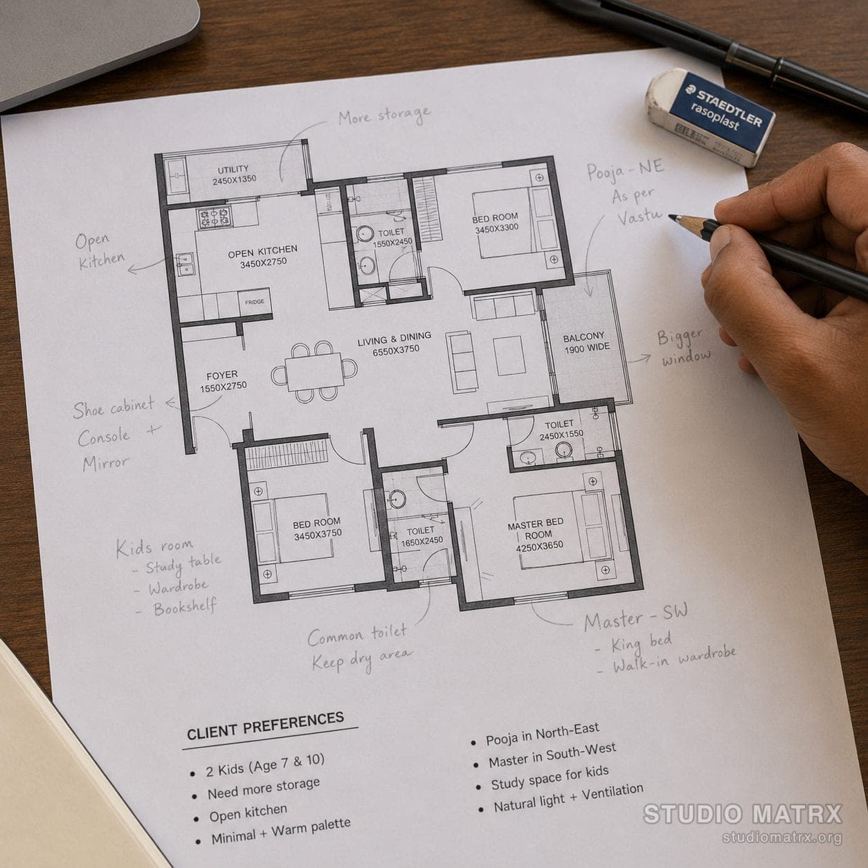 Annotated floor plan with client preferences