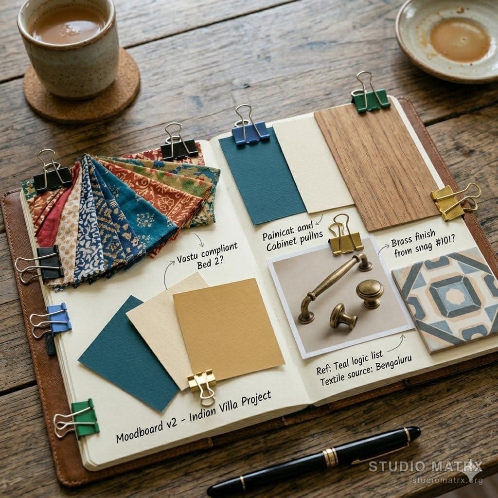 Style moodboard with fabric and material swatches