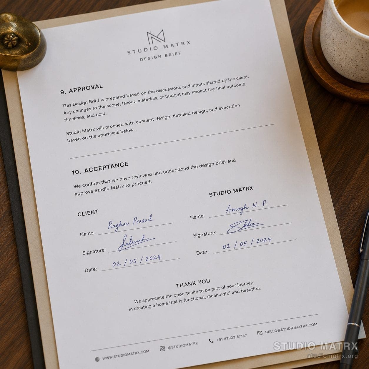 Signed design brief on designer's desk