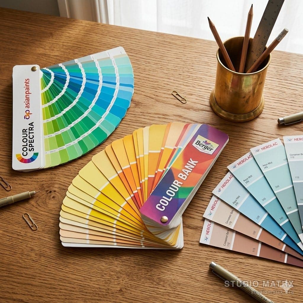 A spread of Indian paint swatches and colour fans