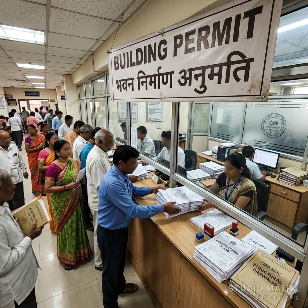 Indian municipal permit counter with citizens