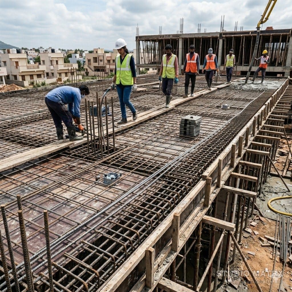 RCC slab casting with steel reinforcement