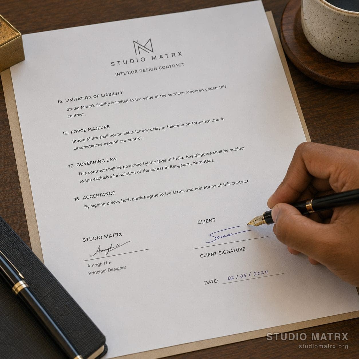 Homeowner signing interior design contract