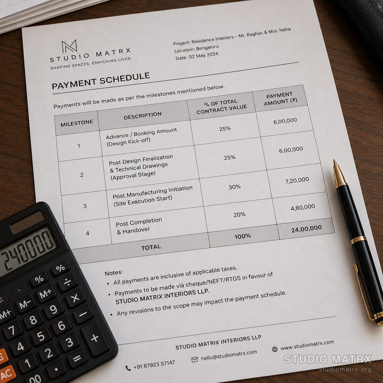 Payment milestone schedule on table