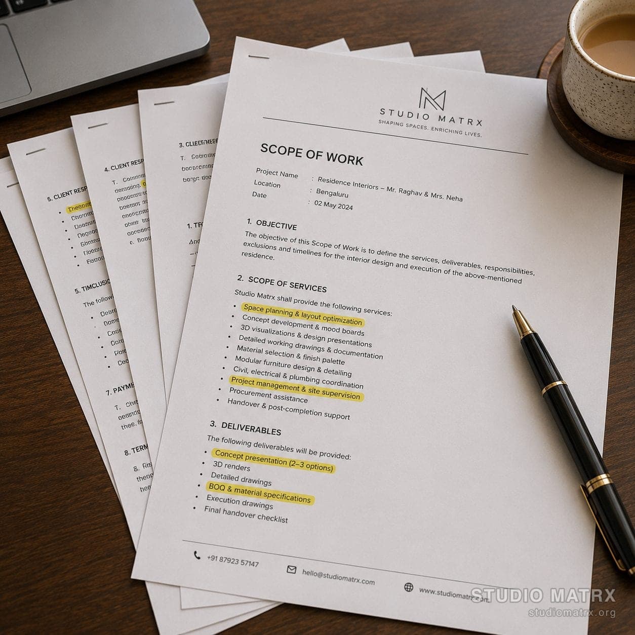 Printed scope of work pages