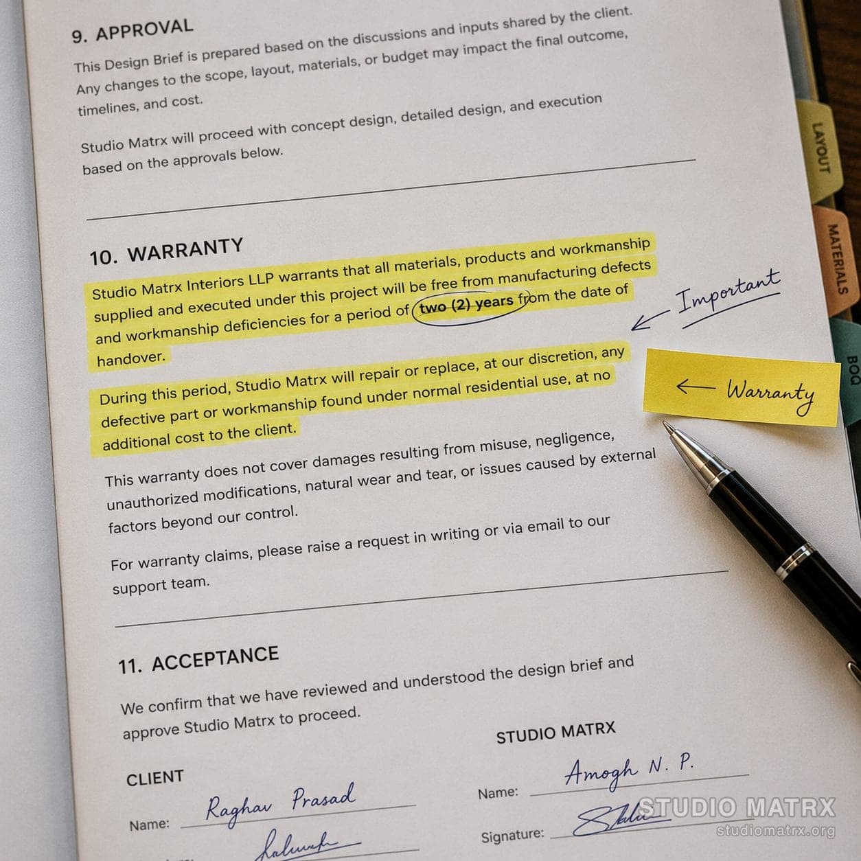 Warranty clause highlighted with marker